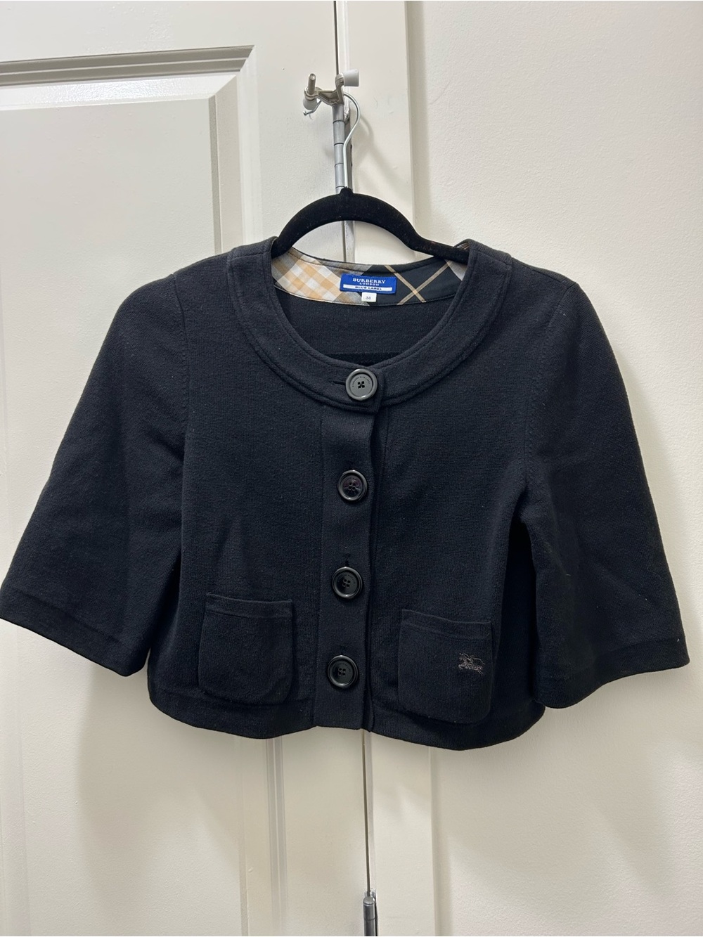 Burberry Black Label Cropped Cardigan with Check Neck Trim